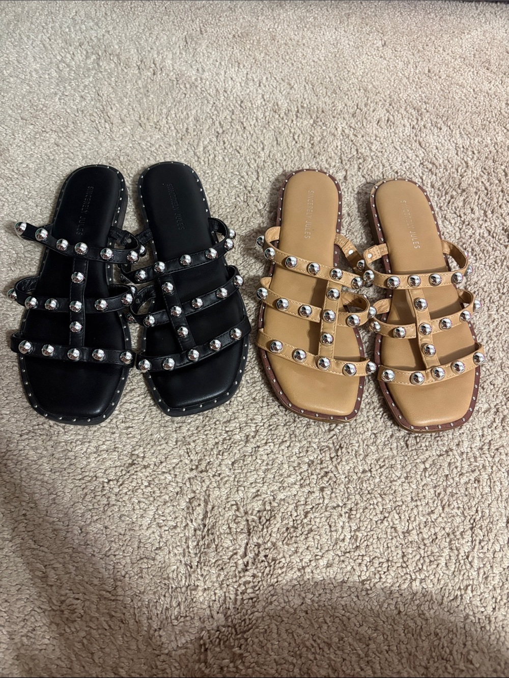 Sincerely Jules Studded Multi-Strap Slide Sandals - Black & Tan